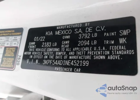 2022 Kia Forte Gt-Line из США, поврежденный, VIN 3KPF54AD1NE452199